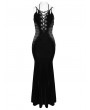 Devil Fashion Black Retro Sexy Gothic Plunging Strappy Velvet Long Fishtail Dress