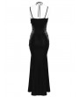 Devil Fashion Black Retro Sexy Gothic Plunging Strappy Velvet Long Fishtail Dress