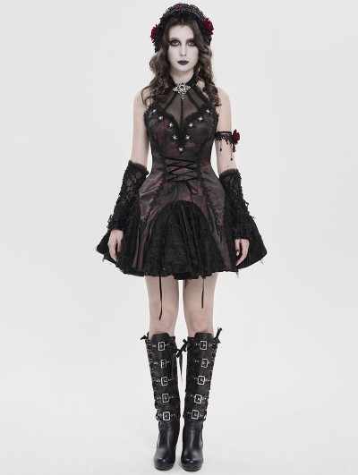 Devil Fashion Black and Red Gothic Mesh Spliced Halter Short Party Dress