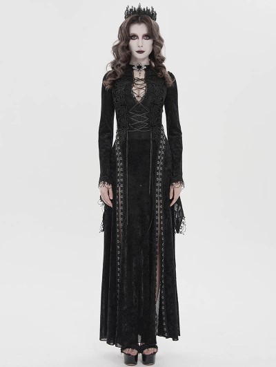 Devil Fashion Black Sexy Gothic Deep V-Neck High Slit Velvet Maxi Dress