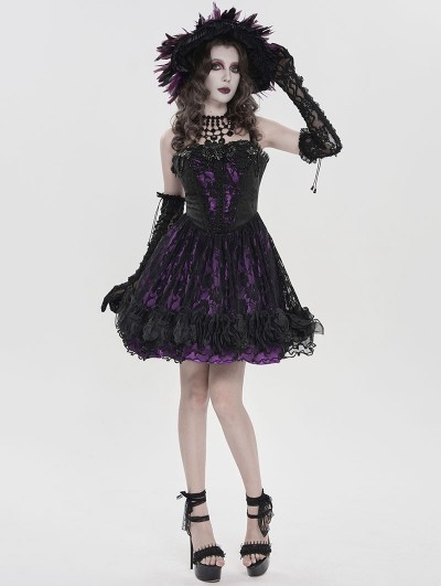 Devil Fashion Black and Purple Gothic Beaded Floral Lace Short Party Dress