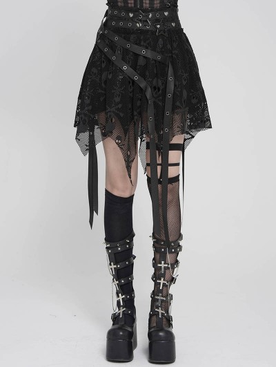 Devil Fashion Black Gothic Skull Mesh Asymmetric Eyelet Strap Punk Skirt