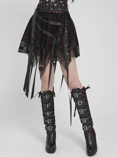 Devil Fashion Black and Red Gothic Skull Mesh Asymmetric Eyelet Strap Punk Skirt