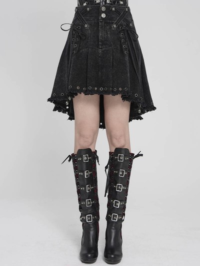 Devil Fashion Black Gothic Punk Skull Lace Up Pleated High-Low Skirt