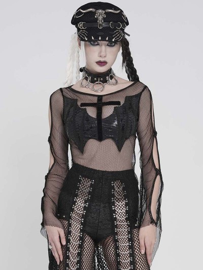 Devil Fashion Black Gothic Batwing Patch Mesh Flared Sleeve T-Shirt for Women