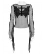 Devil Fashion Black Gothic Batwing Patch Mesh Flared Sleeve T-Shirt for Women