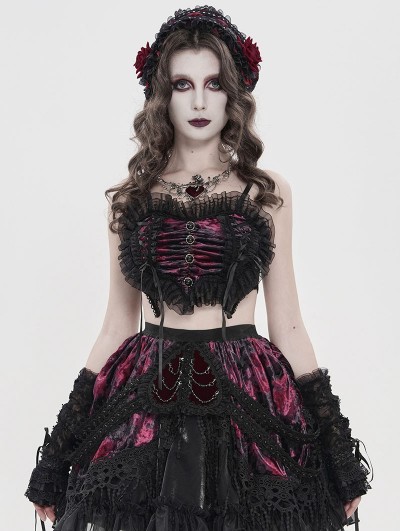 Devil Fashion Black and Red Gothic Velvet Heart Shape Cami Crop Top for Women