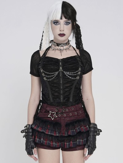 Devil Fashion Black Gothic Punk Rivet Ruched Drawstring T-shirt for Women