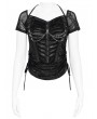 Devil Fashion Black Gothic Punk Rivet Ruched Drawstring T-shirt for Women