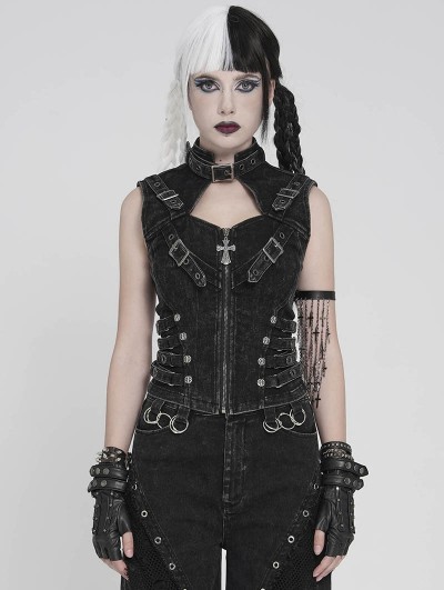 Devil Fashion Black Gothic Punk Buckle Studded Zip-Up Vest Top for Women