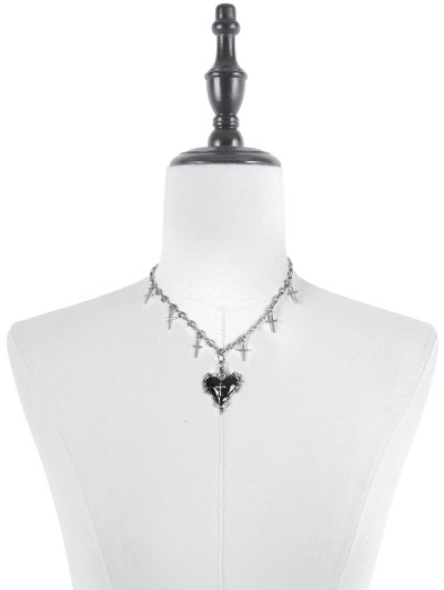 Dark in love Silver Multi-Cross Gothic Black Heart Pendant Necklace