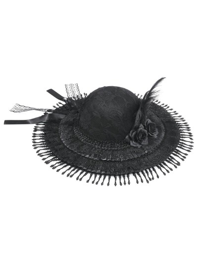 Dark in love Black Gothic Vintage Lace Feather Tassel Hat