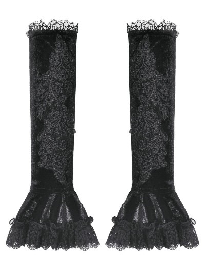 Dark in love Black Gothic Velvet Lace Embroidered Gloves