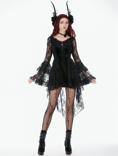 Dark in love Black Classic Gothic Velvet Lace Embroidered Tail Dress