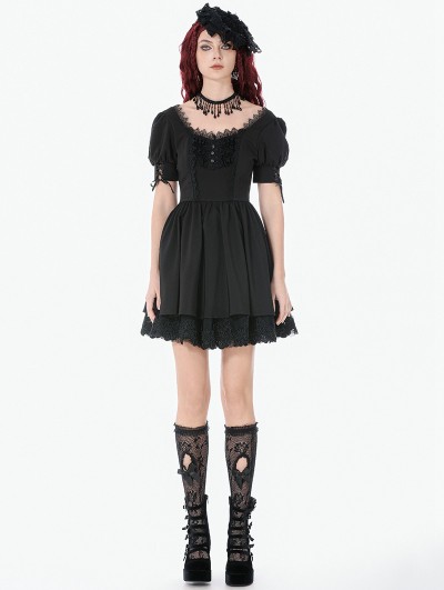 Dark in love Black Gothic Lace Trim Square Neck Puff Sleeve Dress