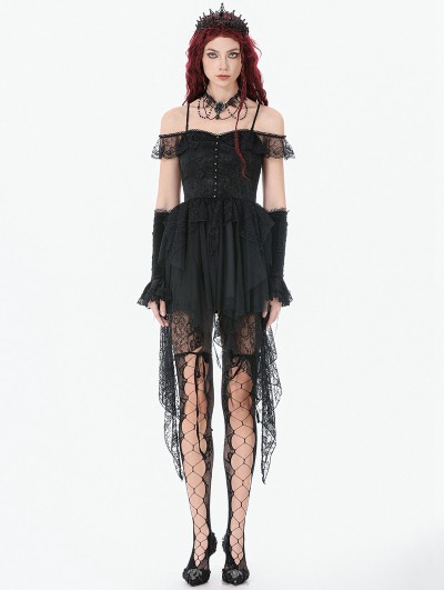 Dark in love Black Gothic Baroque Lace Tiered Off-Shoulder Party Dress