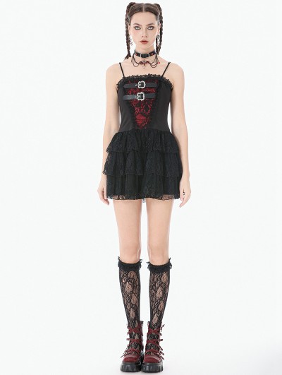 Dark in love Black and Red Gothic Punk Layered Lace Short Dress