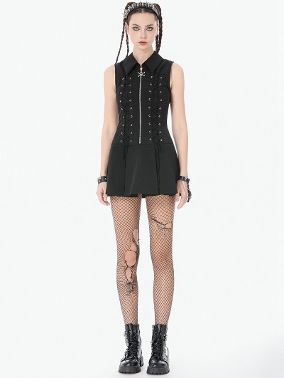 Dark in love Black Gothic Skull Zip Collar Tactical Punk Sleeveless Dress