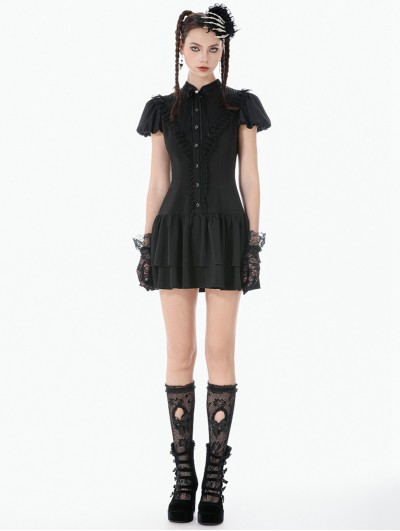 Dark in love Black Dark Gothic Lolita Bow Lace Trim Short Dress