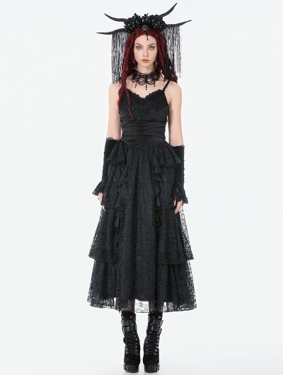 Dark in love Black Gothic Satin Ruched Layered Lace Long Party Dress