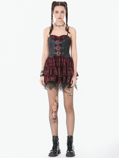 Dark in love Red and Black Plaid Punk Gothic Leather Spliced Short Dress