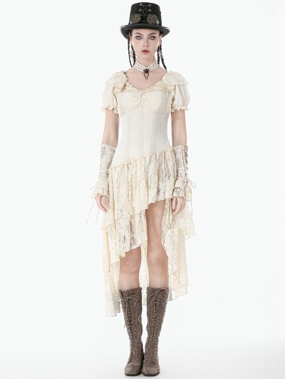 Dark in love Ivory Steampunk Layered Lace Ruffle Asymmetrical Dress