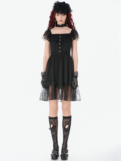 Dark in love Black Gothic Lolita Sweet Bow Lace Trim Short Dress