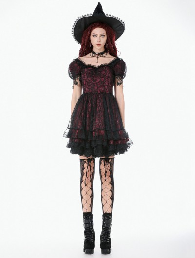Dark in love Red and Black Lace Gothic Star Tassel Short Puff Sleeve Dress