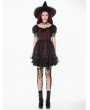 Dark in love Red and Black Lace Gothic Star Tassel Short Puff Sleeve Dress