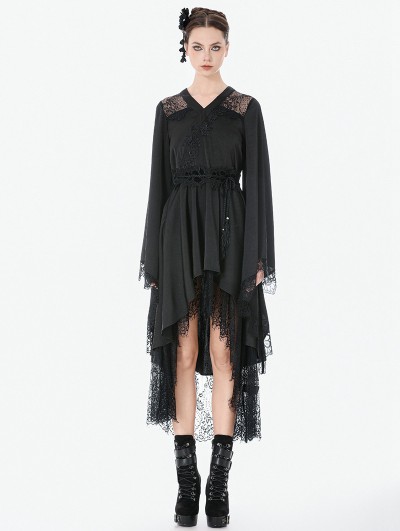 Dark in love Black Gothic Floral Lace Kimono Long Sleeve High Low Dress