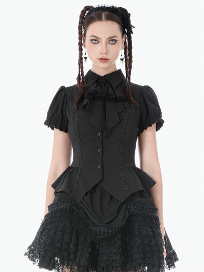 Dark in love Black Gothic Women's Lace-Up Blouse with Detachable Bowtie
