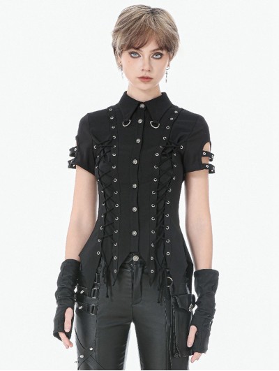 Dark in love Black Gothic Cut Out Lace-Up Eyelet Punk Shirt for Women