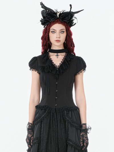 Dark in love Black Gothic Cut Out V-Neck Short Sleeve Blouse for Women