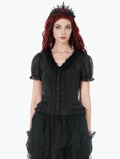 Dark in love Black Gothic Sheer Ruffle Puff Sleeve Blouse for Women