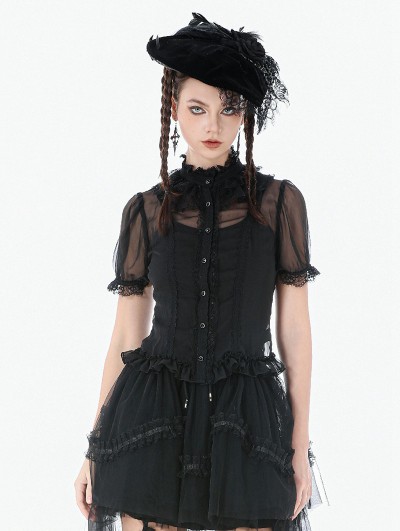 Dark in love Black Gothic Mesh Sheer Lace Ruffle Blouse for Women