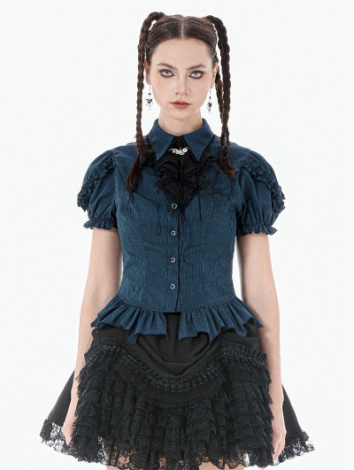 Dark in love Blue Gothic Academy Striped Puff Sleeve Blouse for Women