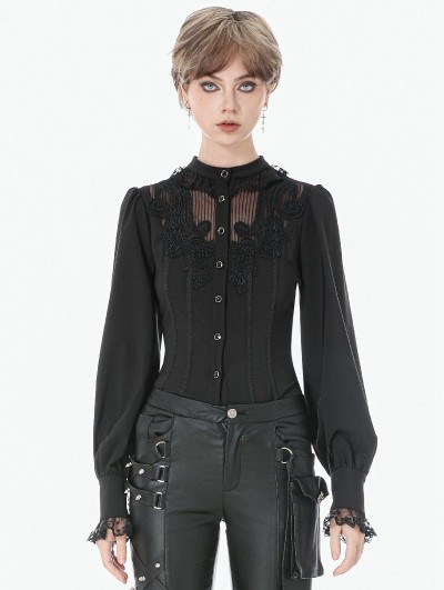 Dark in love Black Noble Gothic Embroidered Lace Applique Blouse for Women