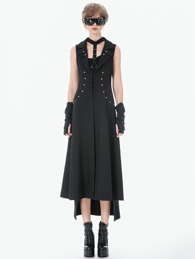 Dark in love Black Gothic Punk Sleeveless Long Fitted Coat for Women