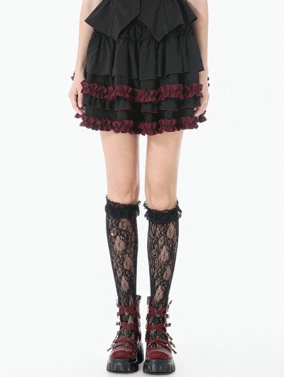 Dark in love Black and Red Gothic Tiered Ruffle Short Skirt