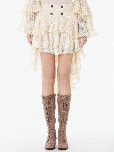 Dark in love Ivory Steampunk Gothic Lace Ruffled High Low Skirt