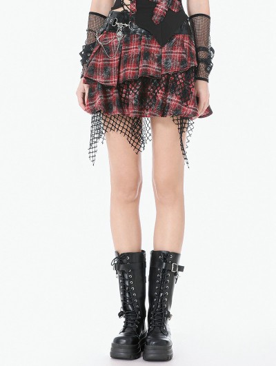 Dark in love Red and Black Plaid Gothic Punk Distressed Chain Skirt