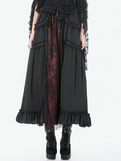 Dark in love Black and Red Gothic Floral Lace Retro Maxi Skirt