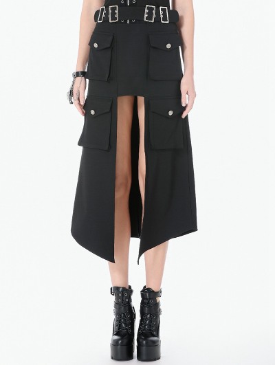 Dark in love Black Gothic Punk Multi-Pocket Cutout Belted Long Skirt