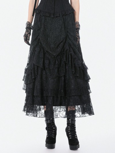 Dark in love Black Vintage Gothic Lace Ruffle Layered Maxi Skirt
