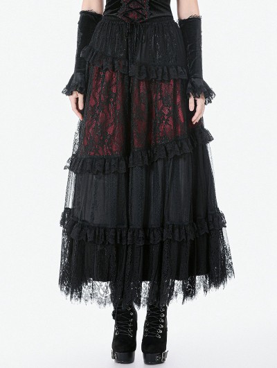 Dark in love Black and Red Dark Gothic Spliced Lace Maxi Skirt
