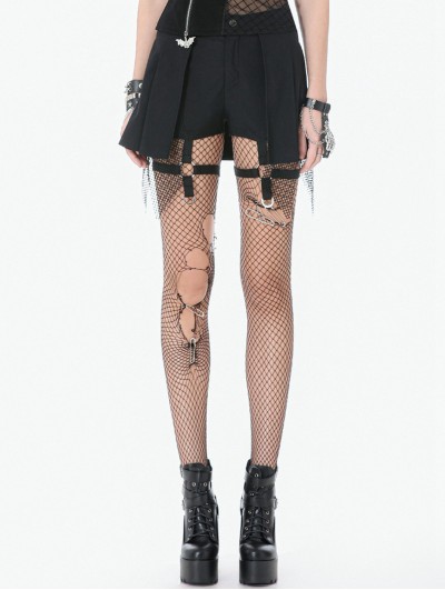 Dark in love Black Gothic Punk Mesh Spliced Pleated Shorts with Garters