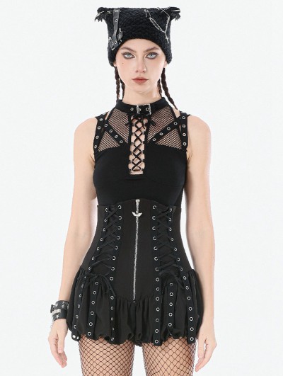 Dark in love Black Dark Gothic Punk Mesh Strap Halter Top for Women
