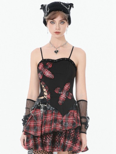 Dark in love Black and Red Punk Plaid Gothic Cross Strap Top for Women