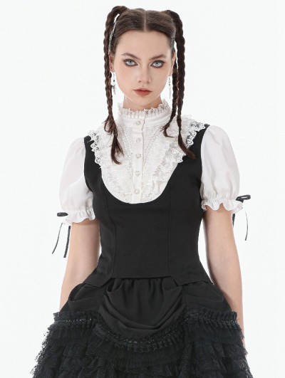 Dark in love Black and White Gothic Lace Ruffled Blouse for Women
