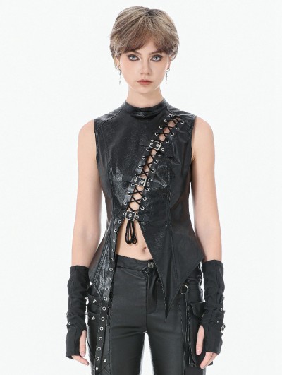 Dark in love Black Gothic Punk Distressed Leather Lace-Up Vest Top for Women